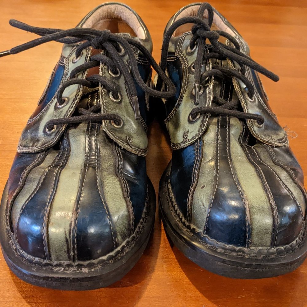 John Fluevog Seventh Heaven Angelic Stripe Lace Up Derby M 7 W 6 Blue Gray/Green